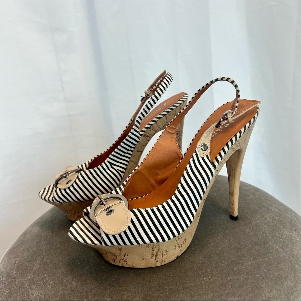Fahrenheit black white striped buckle Slingback platform stiletto high heels 8.5